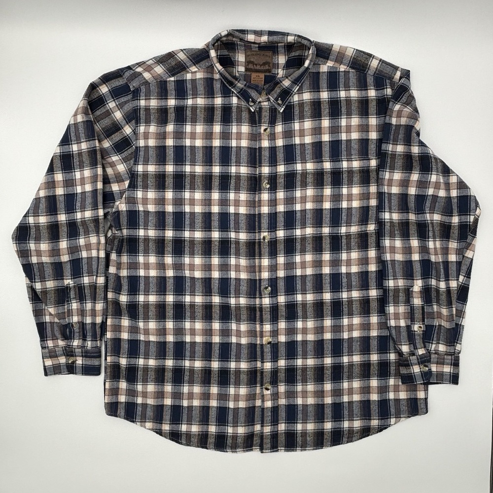 Buckhorn River Men's XXL Flannel Shirt Long Sleeve Navy Brown Plaid Cotton